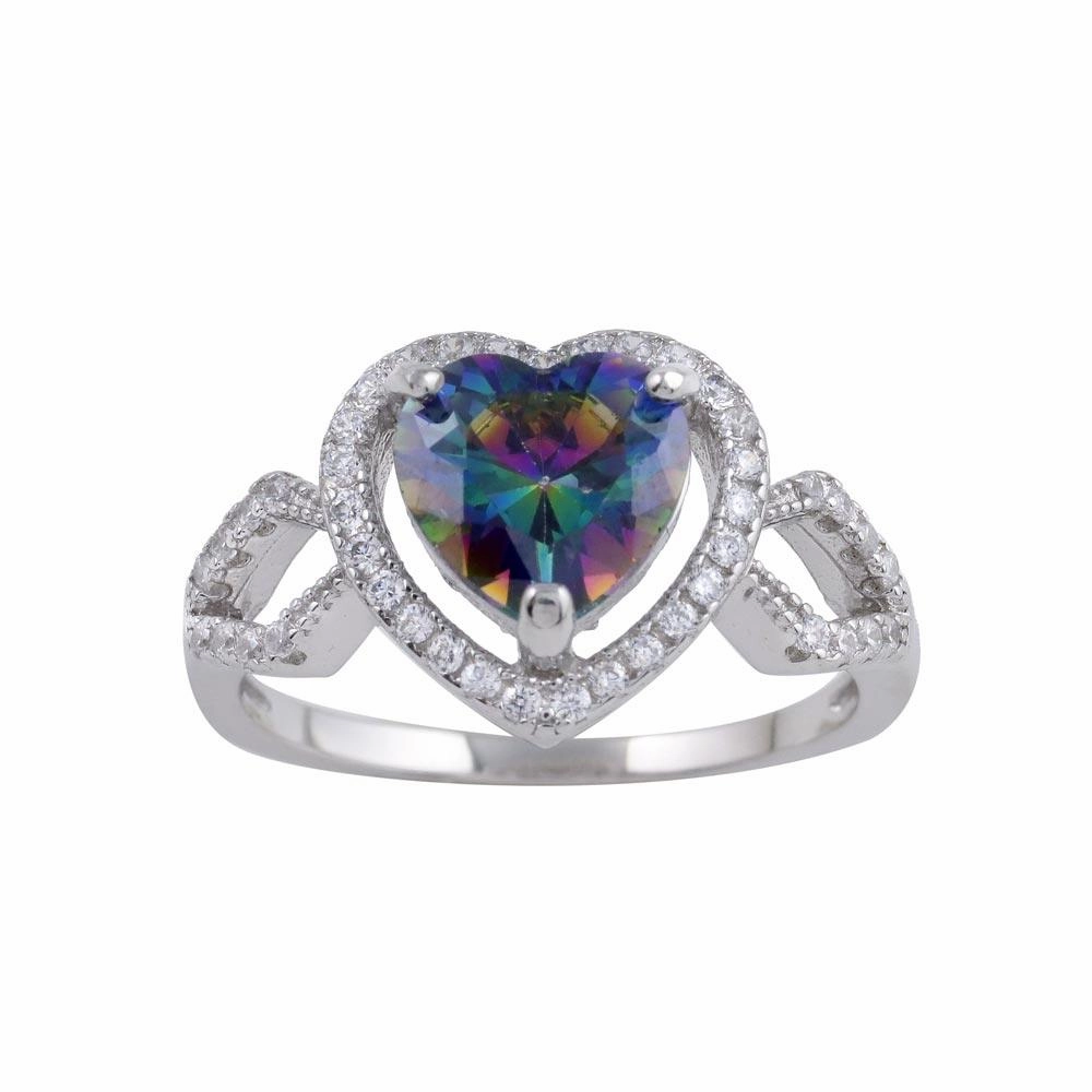 Rhodium Plated 925 Sterling Silver Halo Heart Synthetic Mystic Topaz CZ Ring - BGR01246