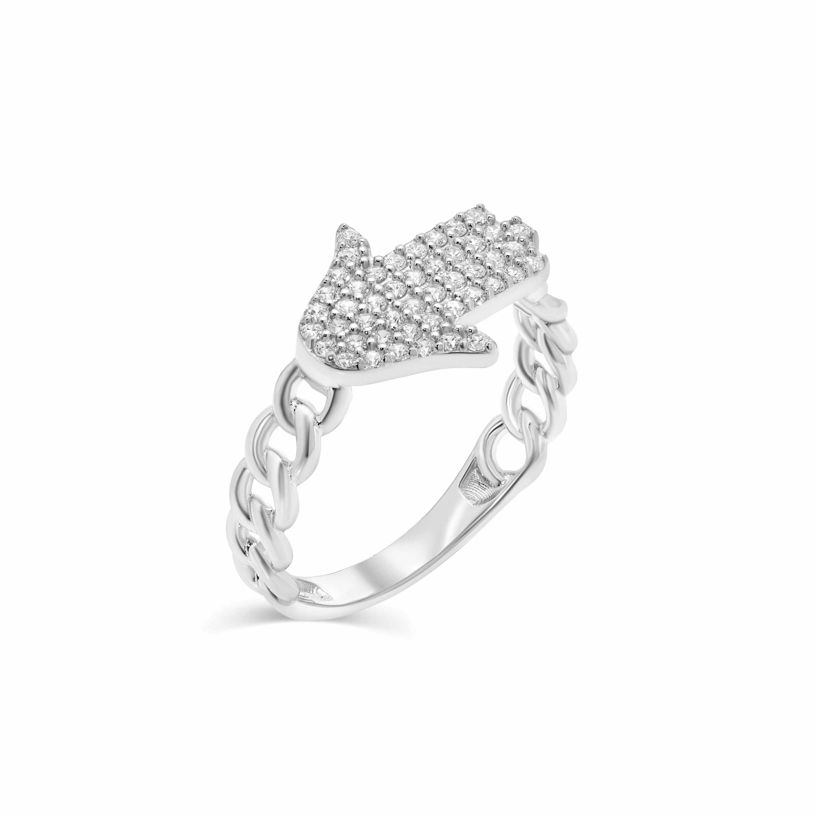 Rhodium Plated 925 Sterling Silver Hamsa 10.6mm x 13.4mm Clear CZ Ring - GMR00435