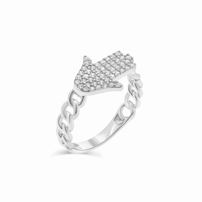 Rhodium Plated 925 Sterling Silver Hamsa 10.6mm x 13.4mm Clear CZ Ring - GMR00435
