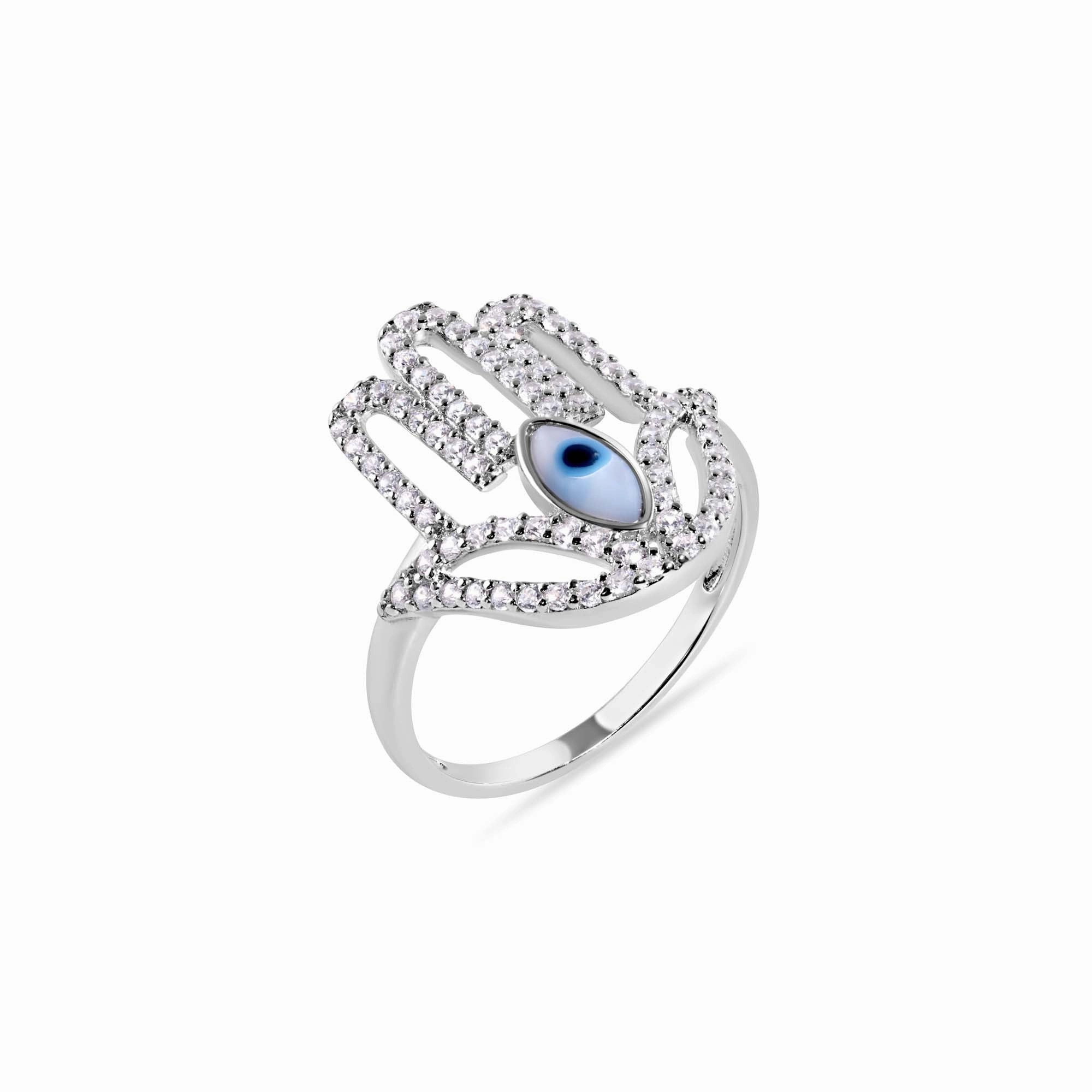 Rhodium Plated 925 Sterling Silver Hamsa Evil Eye Cutout Clear Turquoise CZ Studded 18.1mm Ring - GMR00410