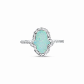 Rhodium Plated 925 Sterling Silver Hamsa Opal CZ Ring - BGR01356