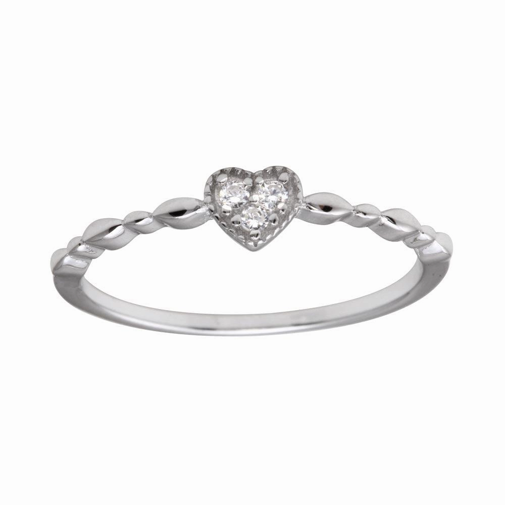 Rhodium Plated 925 Sterling Silver Heart 3 Clear CZ Ring - BGR01227CLR