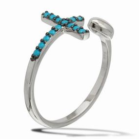 Rhodium Plated 925 Sterling Silver Heart and Cross Open Ring with Turquoise Beads - BGR01086