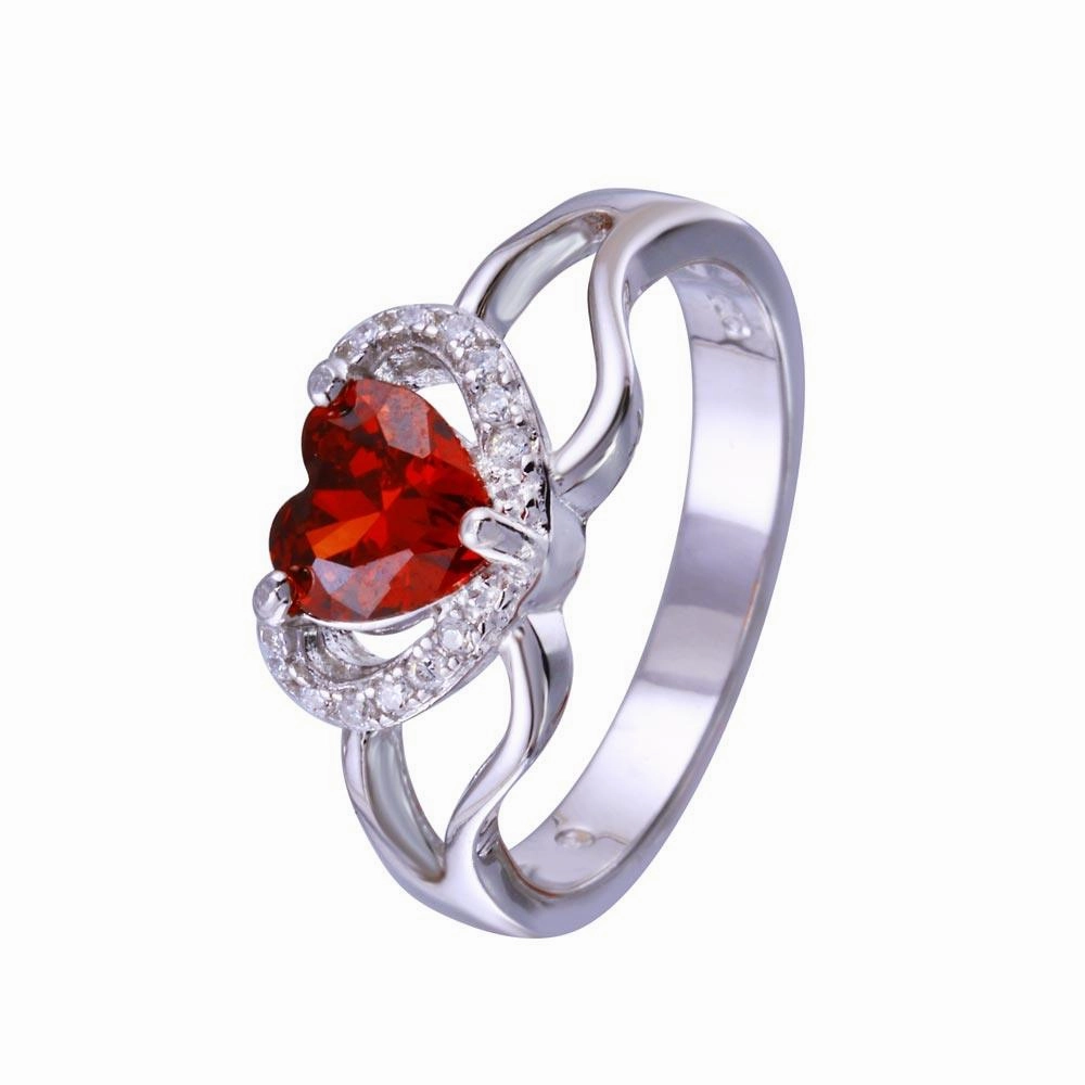 Rhodium Plated 925 Sterling Silver Heart Red and Clear CZ Ring - BGR01344