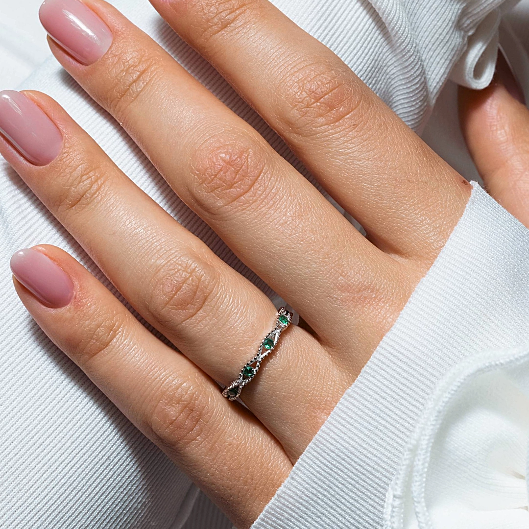 Rhodium Plated 925 Sterling Silver Intersecting Waves Green CZ Ring- BGR01294GRN