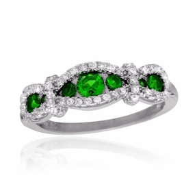 Rhodium Plated 925 Sterling Silver Knotted Green CZ Ring - BGR01112GRN