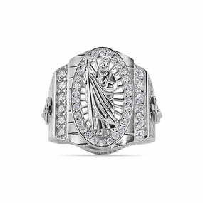Rhodium Plated 925 Sterling Silver Men's Embossed Saint Jude Oval Top Round Clear Cross CZ 22.8mm Ring - GMR00384