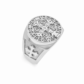 Rhodium Plated 925 Sterling Silver Men's Saint Benedict Prayer 17.2mm Ring - GMR00421