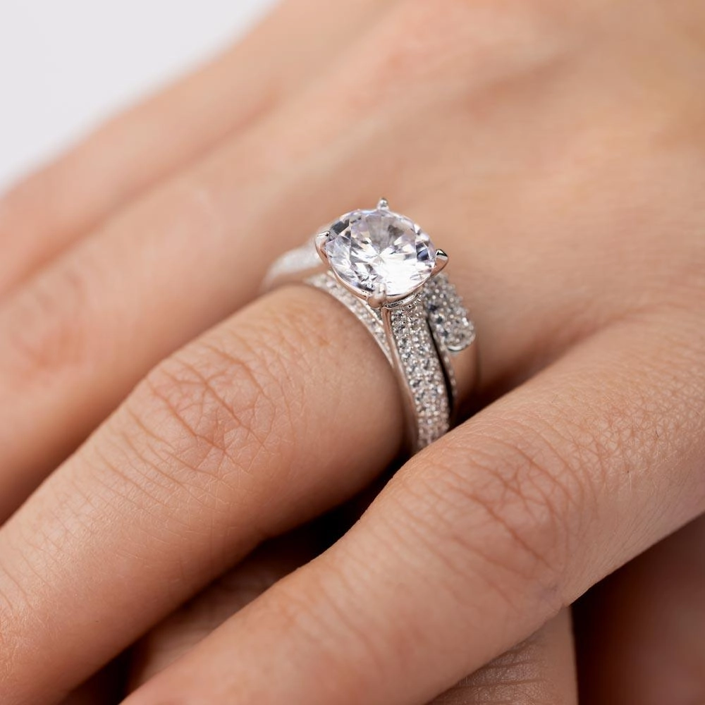 Rhodium Plated 925 Sterling Silver Micro Pave Shank Bridal Single Center Stone Ring - GMR00204