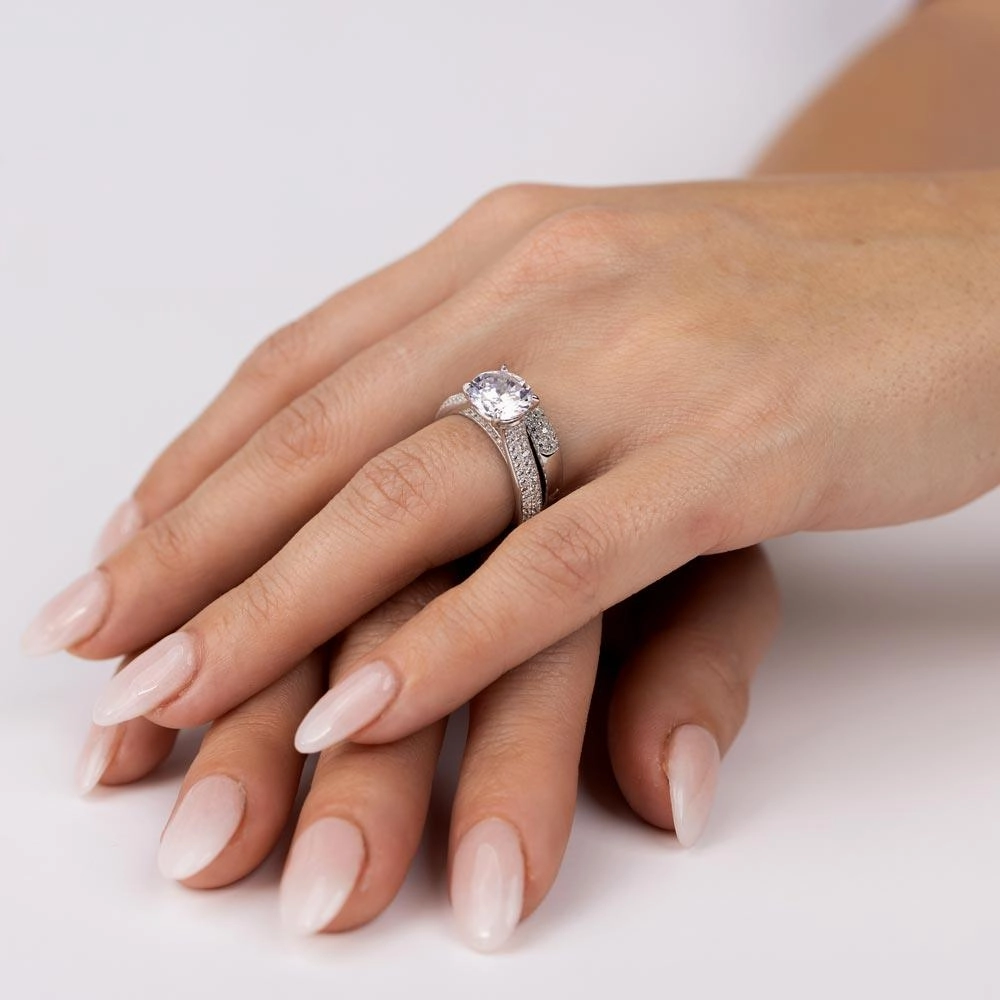 Rhodium Plated 925 Sterling Silver Micro Pave Shank Bridal Single Center Stone Ring - GMR00204