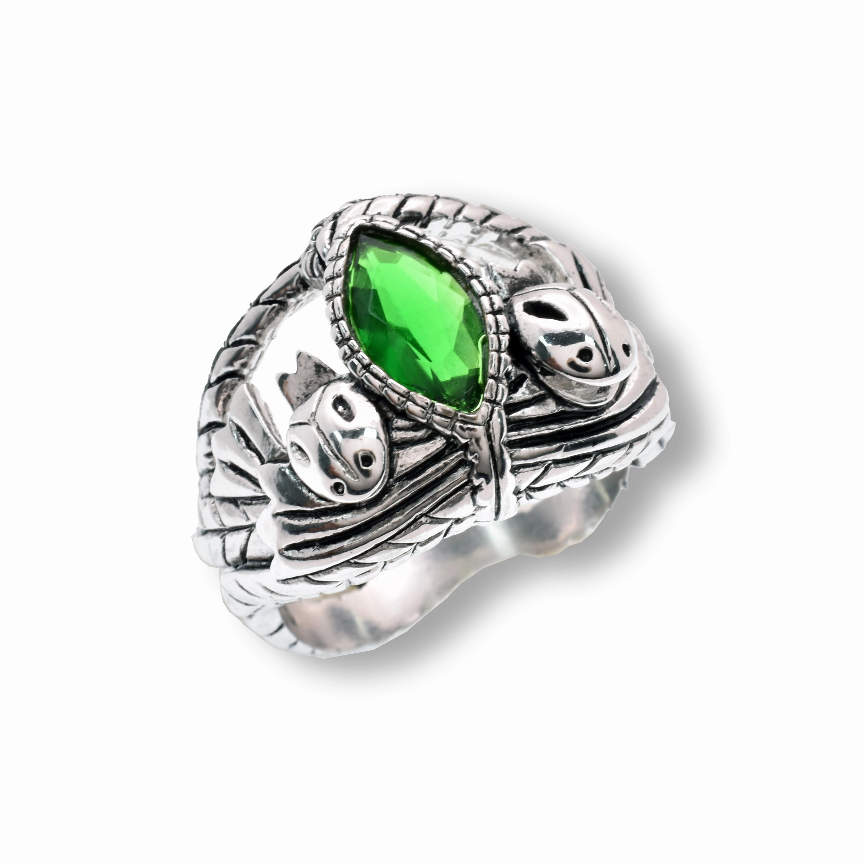 Rhodium Plated 925 Sterling Silver Mystical Green Marquise CZ Intricate Leaf Detailed 19mm Ring - STRR1410
