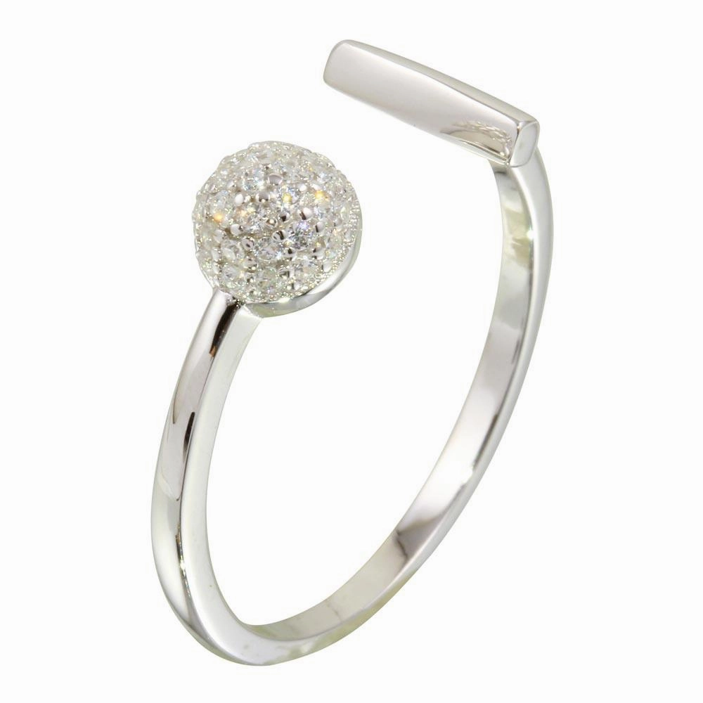 Rhodium Plated 925 Sterling Silver Open Bar and Half Circle Ring with CZ - STR01079