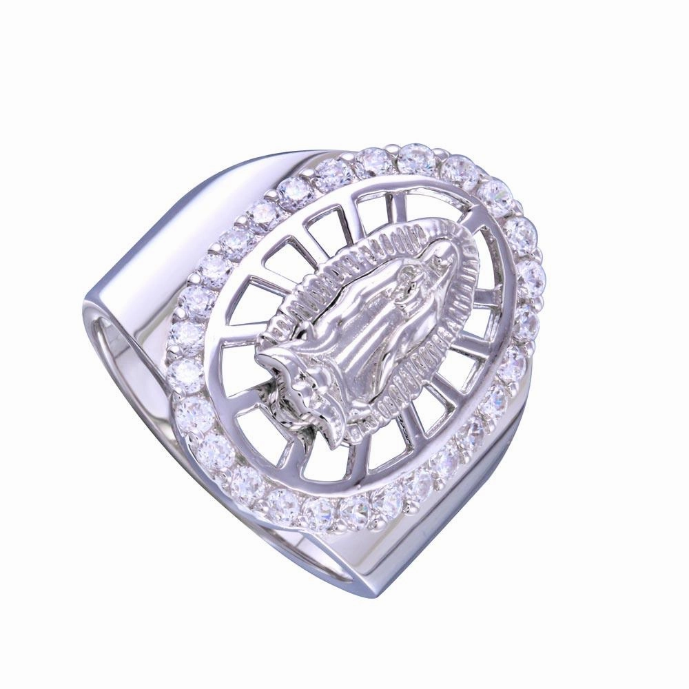 Rhodium Plated 925 Sterling Silver Oval CZ Lady of Guadalupe Center Ring - GMR00256RH