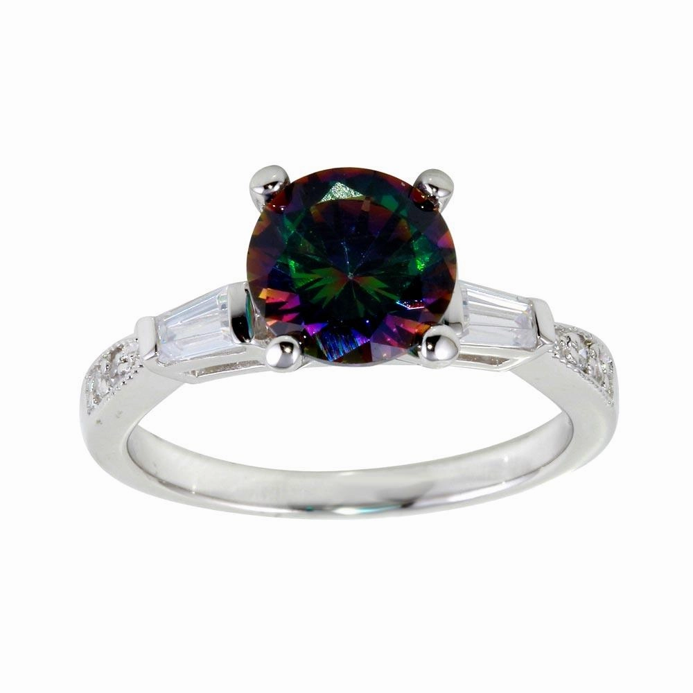 Rhodium Plated 925 Sterling Silver Oval Solitaire Synthetic Mystic Topaz Baguette Shank CZ Ring - BGR01261