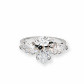 Rhodium Plated 925 Sterling Silver Past Present Future Pear Shaped CZ Ring - STR00034