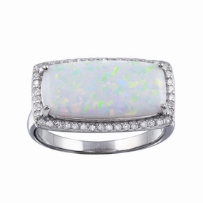Rhodium Plated 925 Sterling Silver Rectangular Opal Stone Ring with CZ - BGR01286