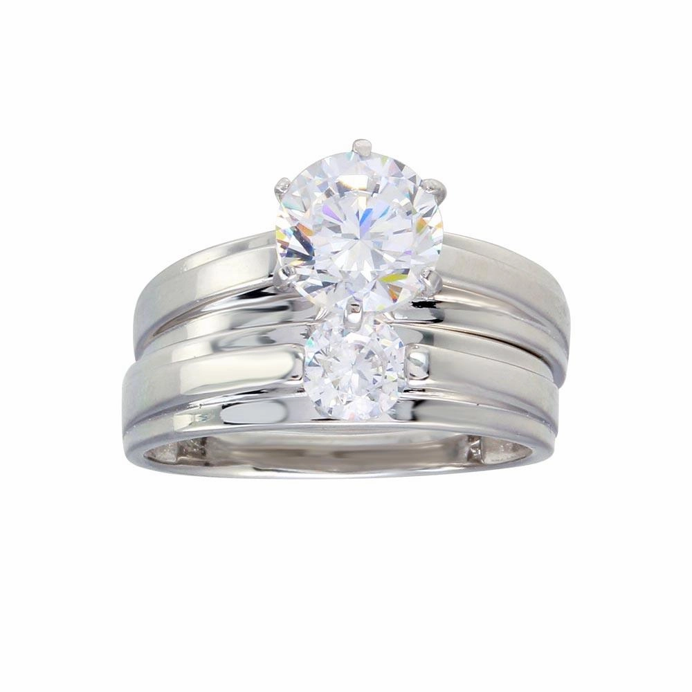Rhodium Plated 925 Sterling Silver Round CZ Stone Bordered Trios Ring - GMR00283
