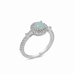 Rhodium Plated 925 Sterling Silver Round Halo Opal CZ Ring - BGR01303