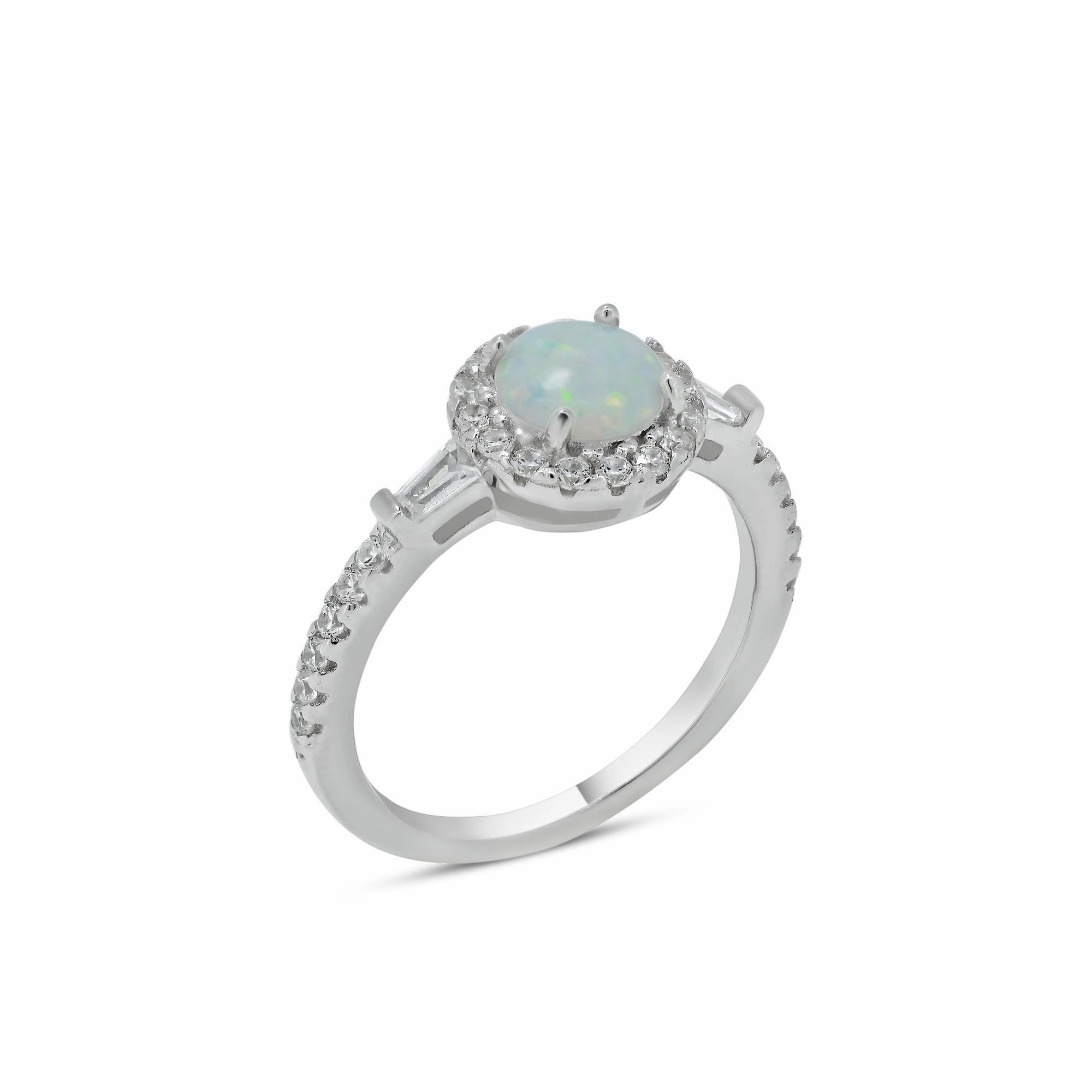 Rhodium Plated 925 Sterling Silver Round Halo Opal CZ Ring - BGR01303