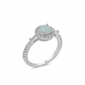 Rhodium Plated 925 Sterling Silver Round Halo Opal CZ Ring - BGR01303