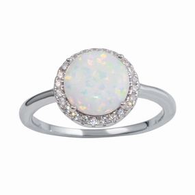 Rhodium Plated 925 Sterling Silver Round Opal Stone Ring with CZ - BGR01242