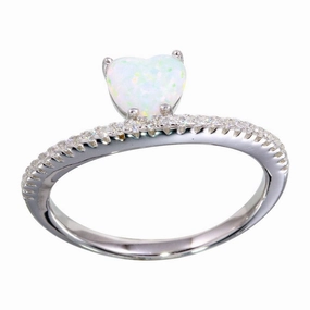 Rhodium Plated 925 Sterling Silver Semi Eternity Band with Opal Heart Ring - BGR01134