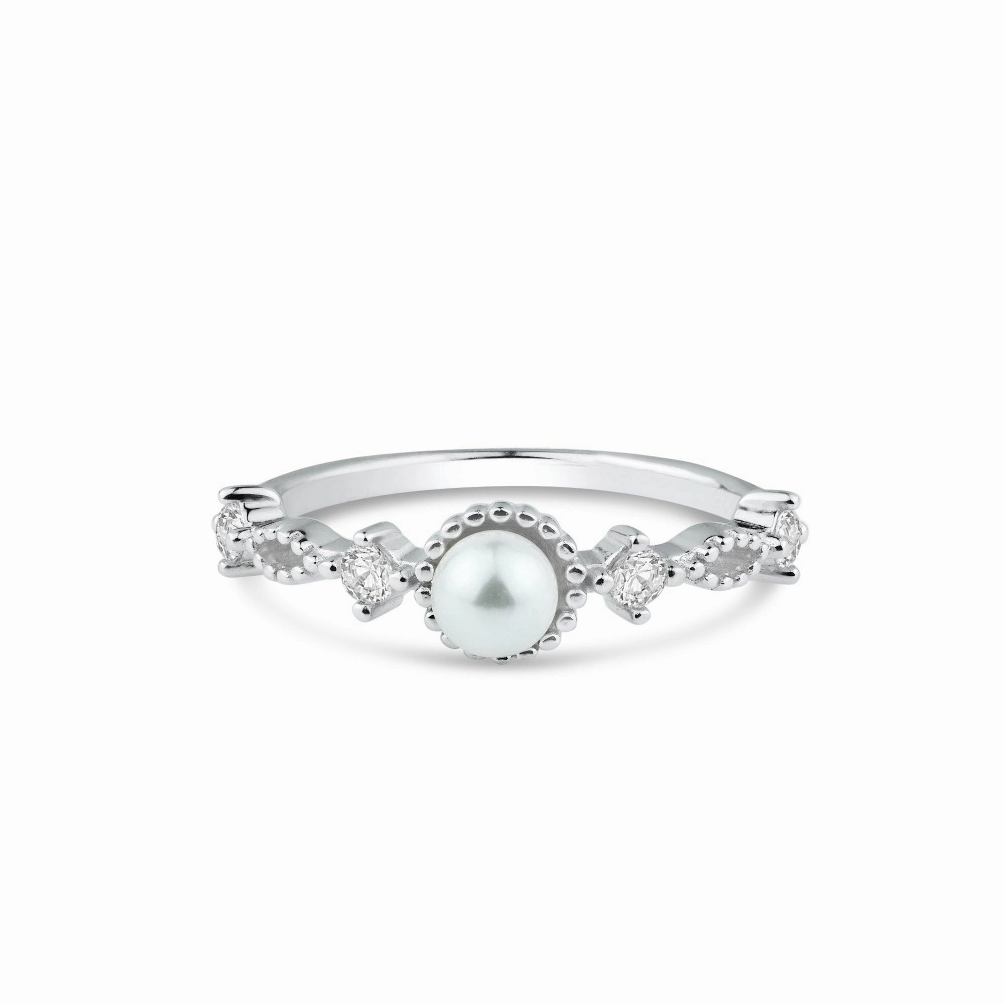 Rhodium Plated 925 Sterling Silver Synthetic Pearl Center Clear CZ Ring - BGR01357