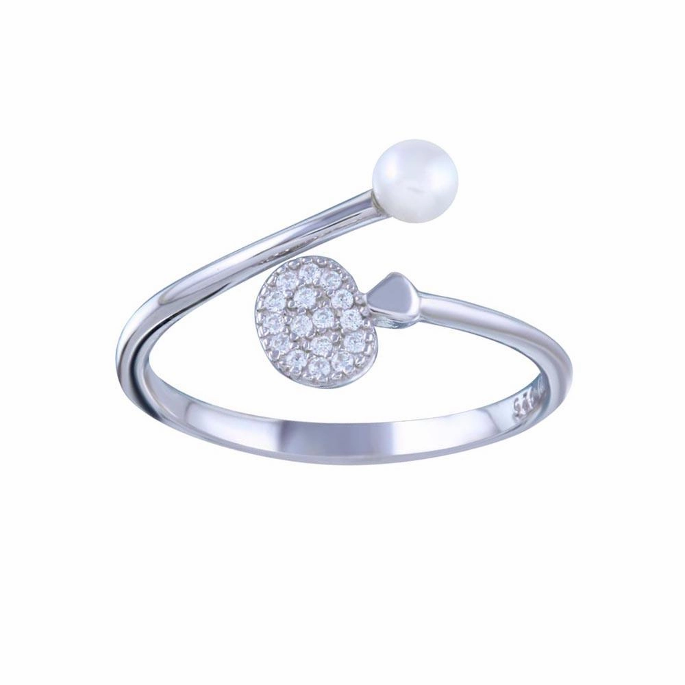 Rhodium Plated 925 Sterling Silver Synthetic Pearl Disc CZ Open Ring - STR01152