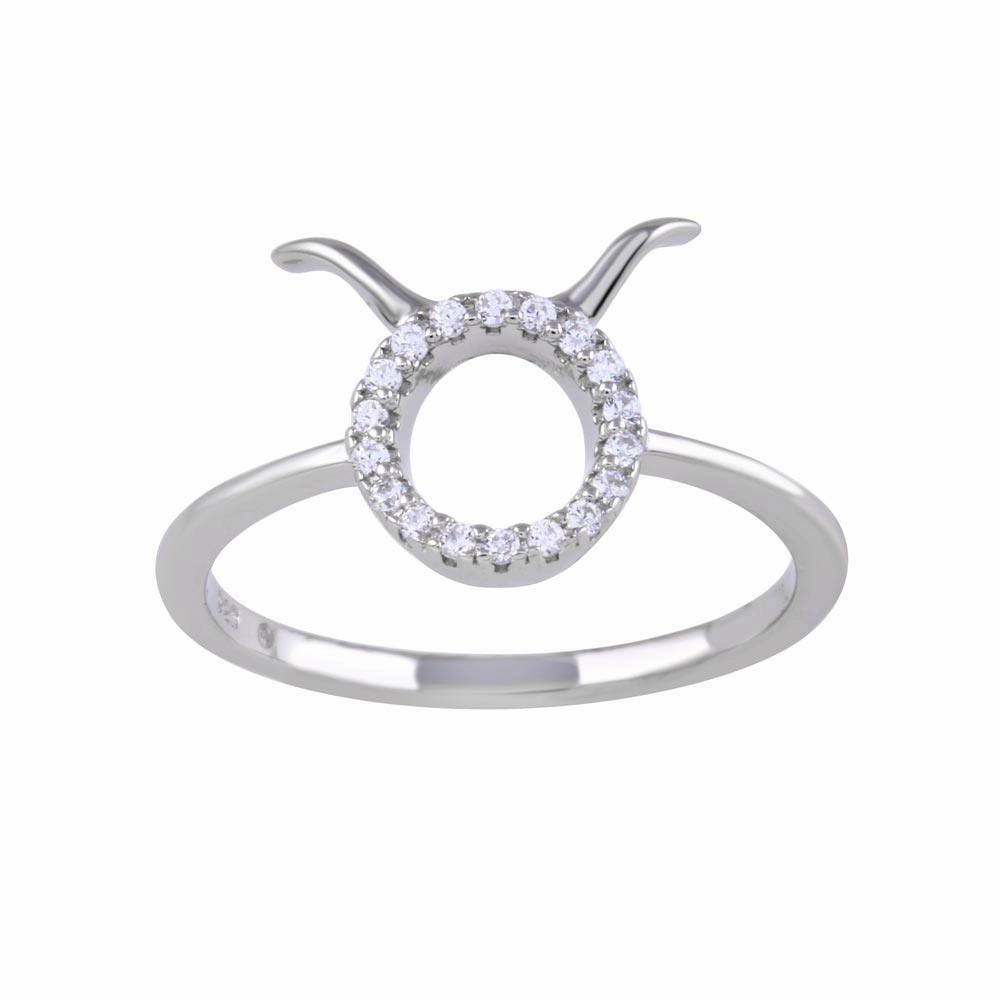 Rhodium Plated 925 Sterling Silver Taurus CZ Zodiac Sign Ring - BGR01325