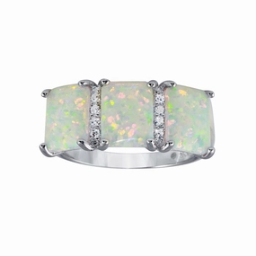 Rhodium Plated 925 Sterling Silver Triple Square Synthetic Opal CZ Ring - BGR01305