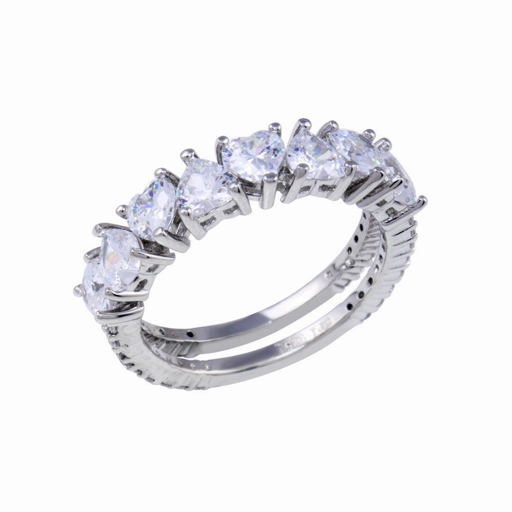 Rhodium Plated 925 Sterling Silver Two Bar Multi Heart CZ Ring  - STR01133RH