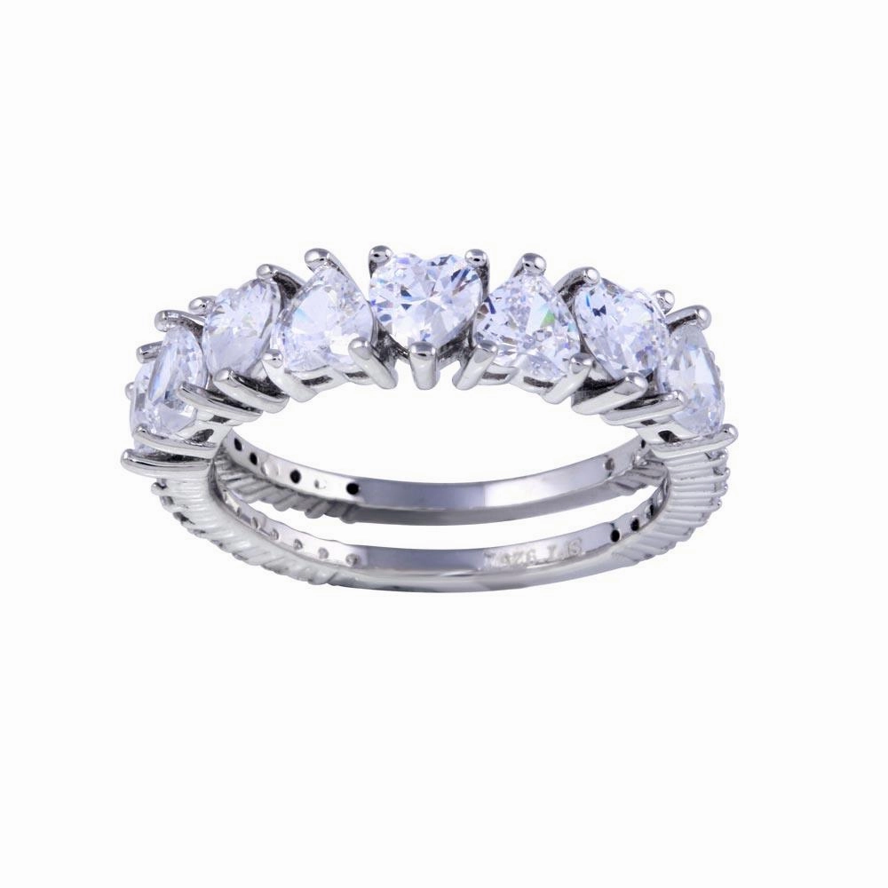 Rhodium Plated 925 Sterling Silver Two Bar Multi Heart CZ Ring  - STR01133RH