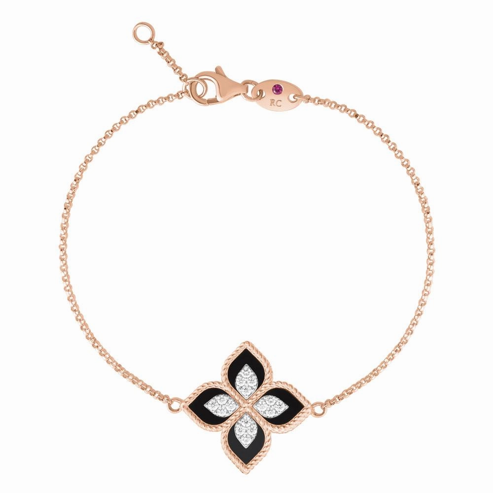 Roberto Coin Princess Flower 18ct Rose Gold Diamond Black Jade Bracelet