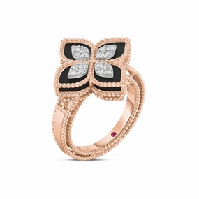 Roberto Coin Princess Flower 18ct Rose Gold Diamond Black Jade Ring