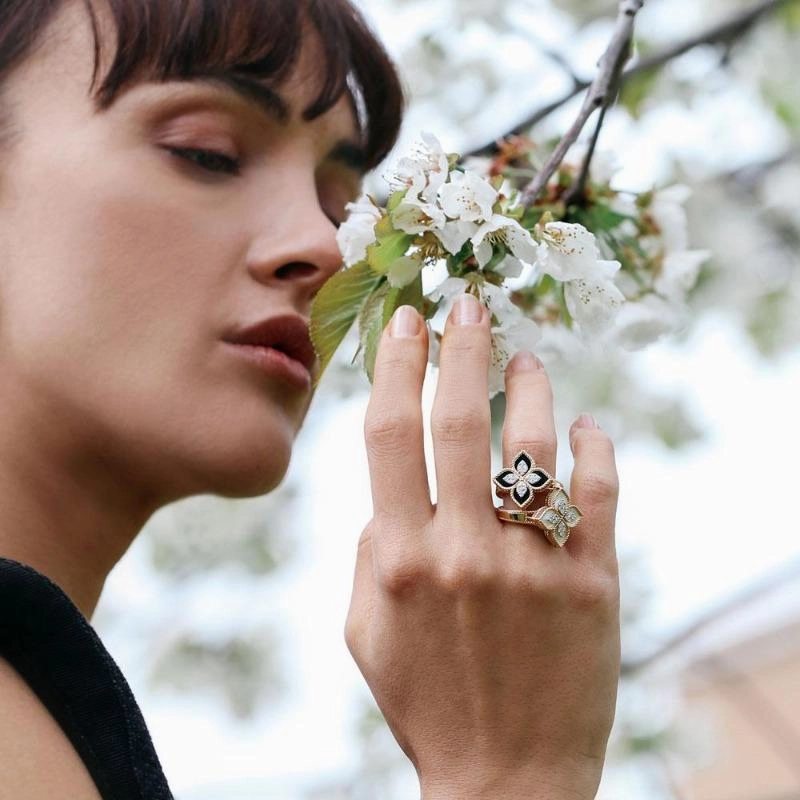 Roberto Coin Princess Flower 18ct Rose Gold Diamond Black Jade Ring