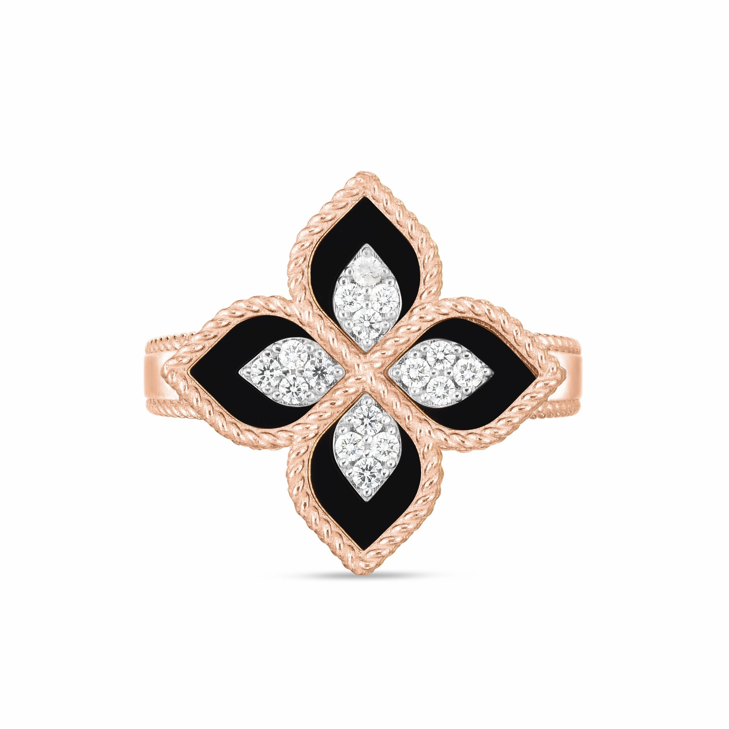 Roberto Coin Princess Flower 18ct Rose Gold Diamond Black Jade Ring
