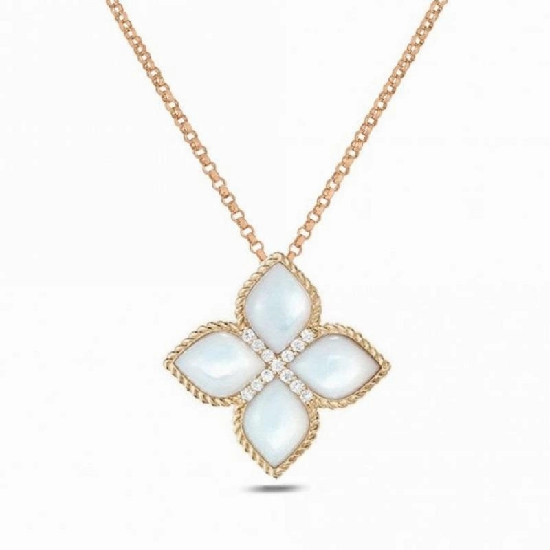 Roberto Coin Princess Flower 18ct Rose Gold Diamond Mother of Pearl Large Pendant
