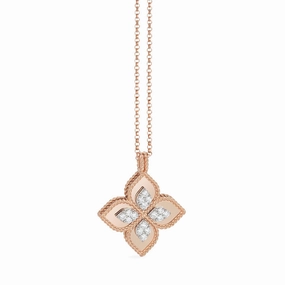 Roberto Coin Princess Flower 18ct Rose Gold Diamond Pendant Necklace