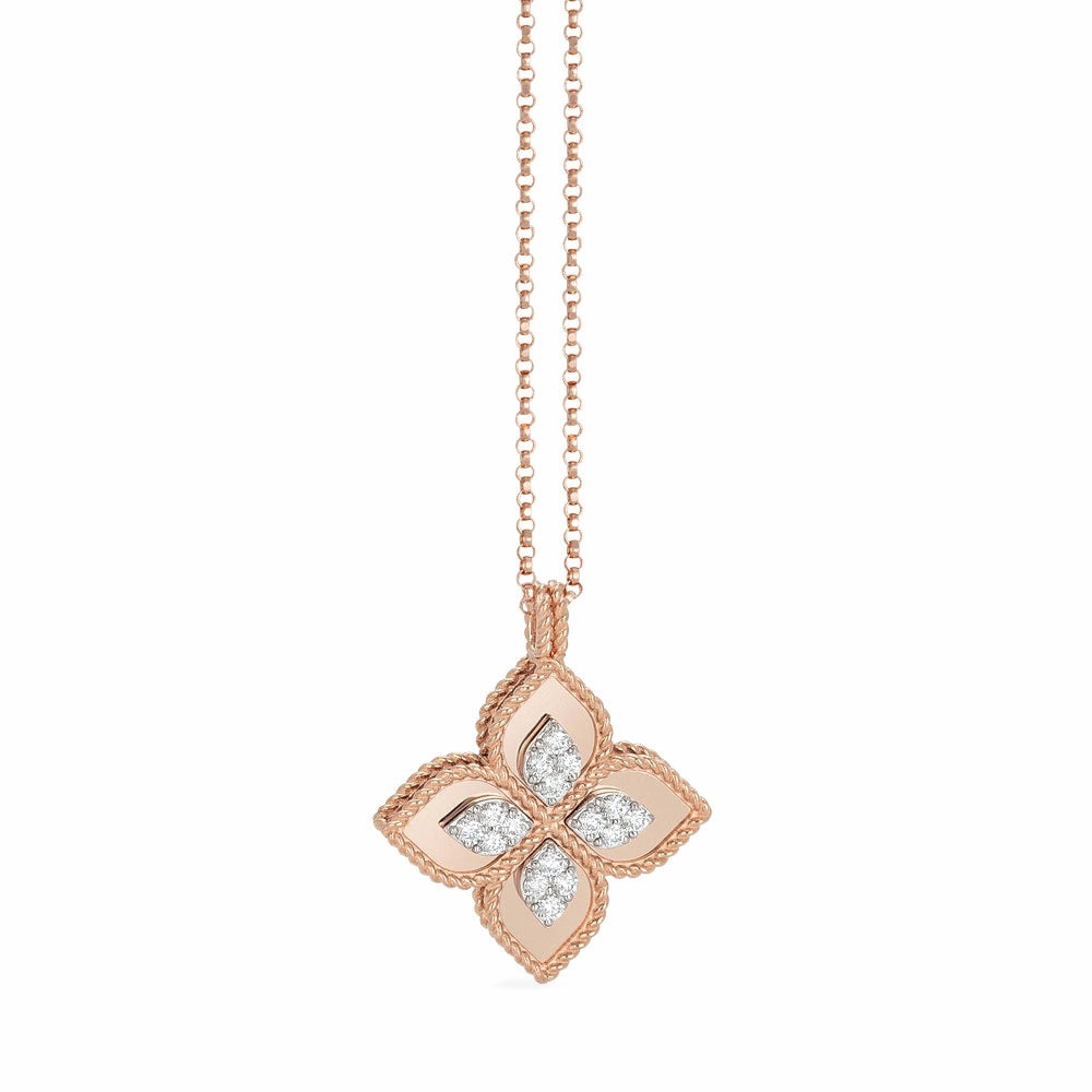 Roberto Coin Princess Flower 18ct Rose Gold Diamond Pendant Necklace