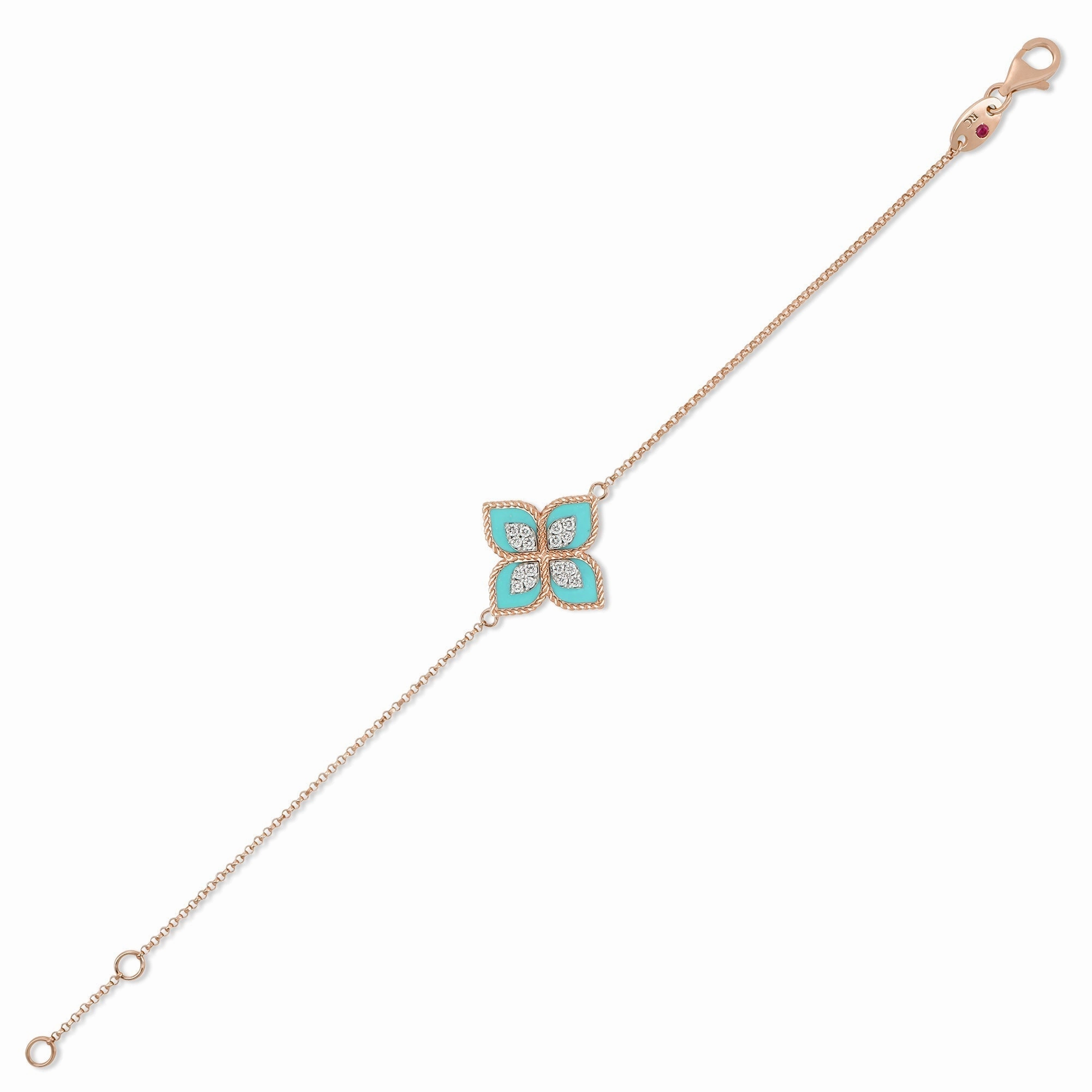 Roberto Coin Princess Flower 18ct Rose Gold Turquoise Diamond Bracelet