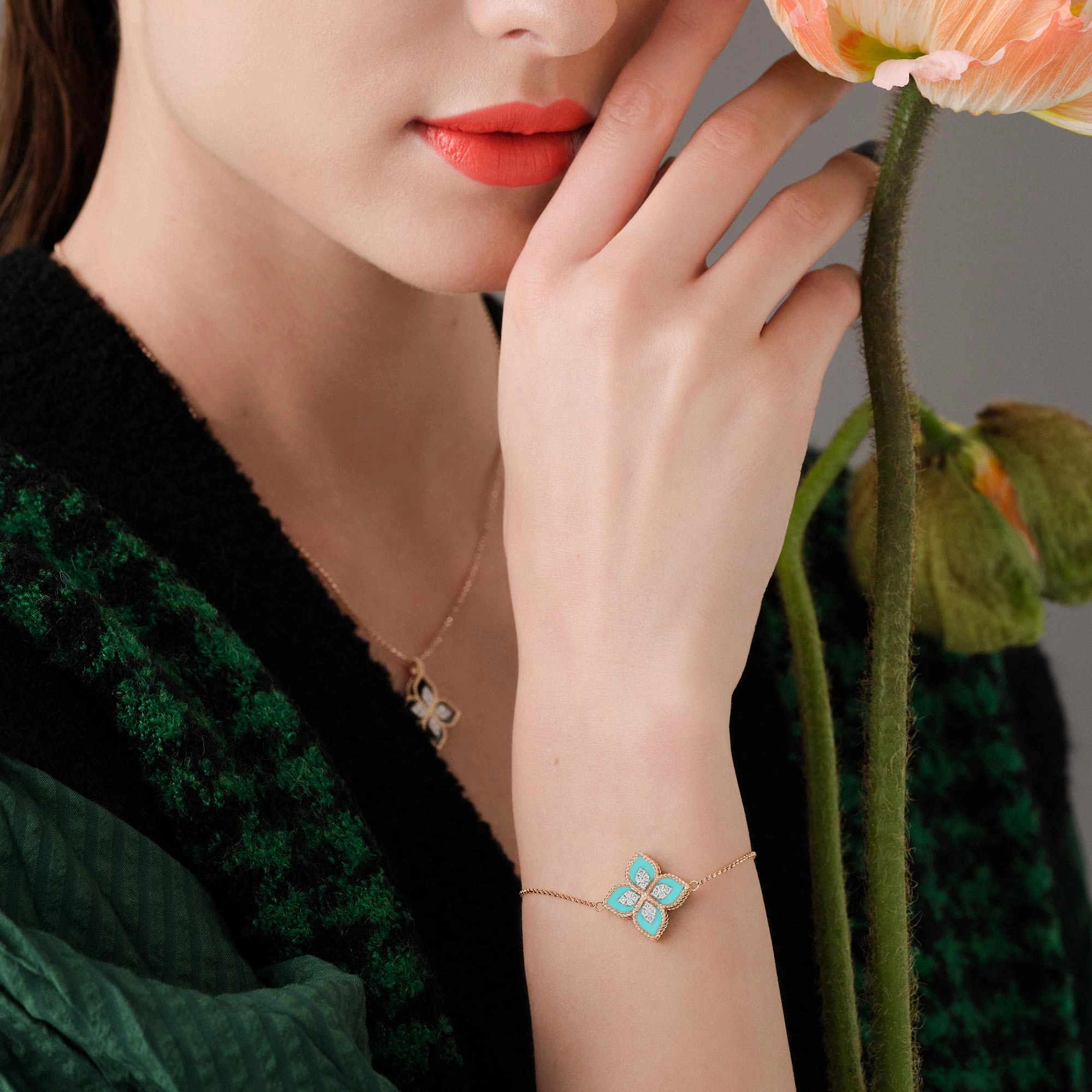 Roberto Coin Princess Flower 18ct Rose Gold Turquoise Diamond Bracelet