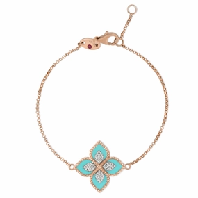 Roberto Coin Princess Flower 18ct Rose Gold Turquoise Diamond Bracelet