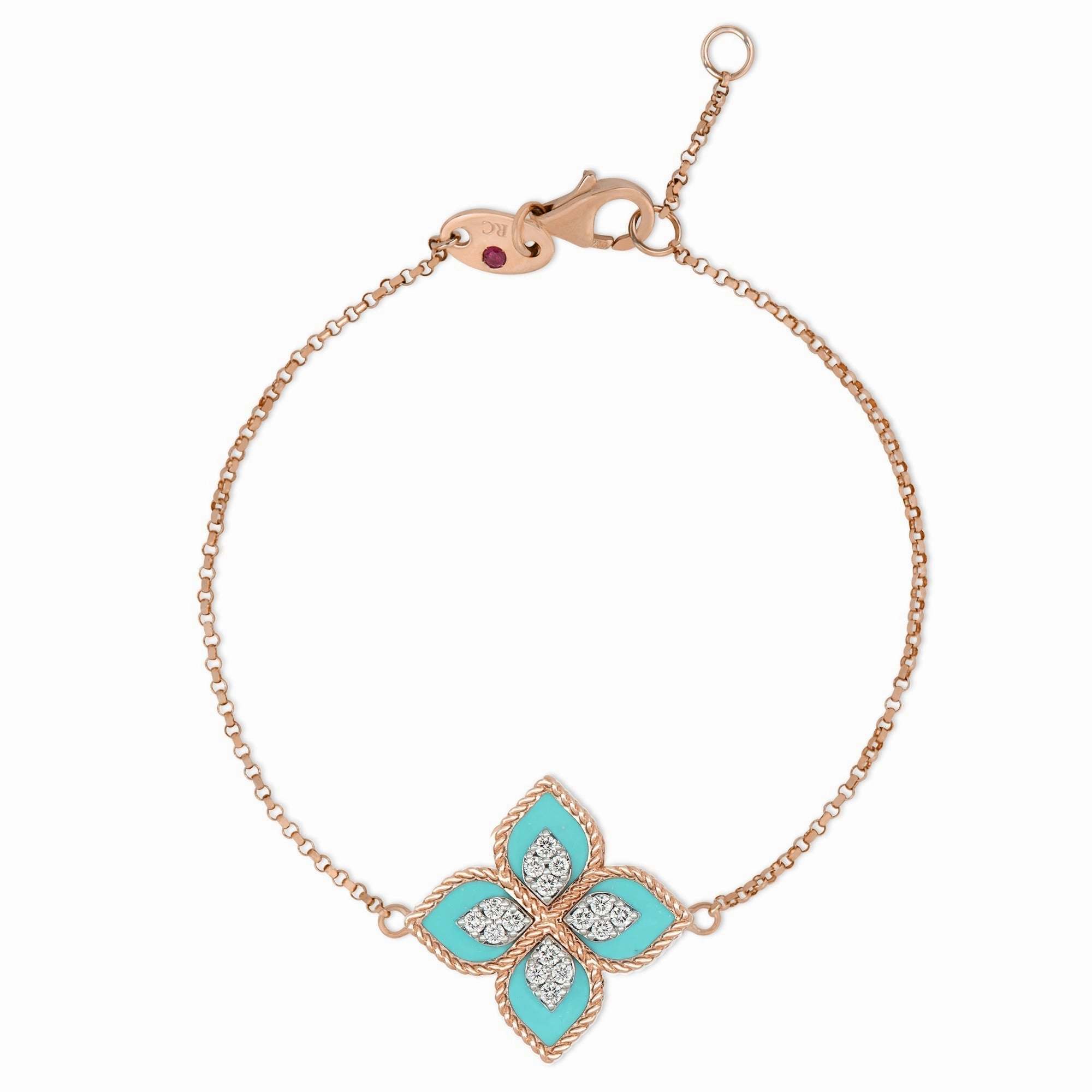 Roberto Coin Princess Flower 18ct Rose Gold Turquoise Diamond Bracelet