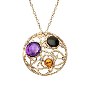Rose Gold Plated Sterling Silver Whitby Jet Amethyst Amber Open Circle Necklace