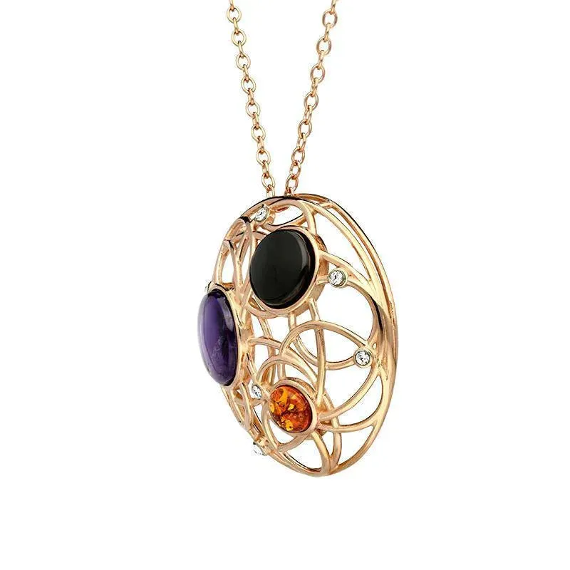 Rose Gold Plated Sterling Silver Whitby Jet Amethyst Amber Open Circle Necklace