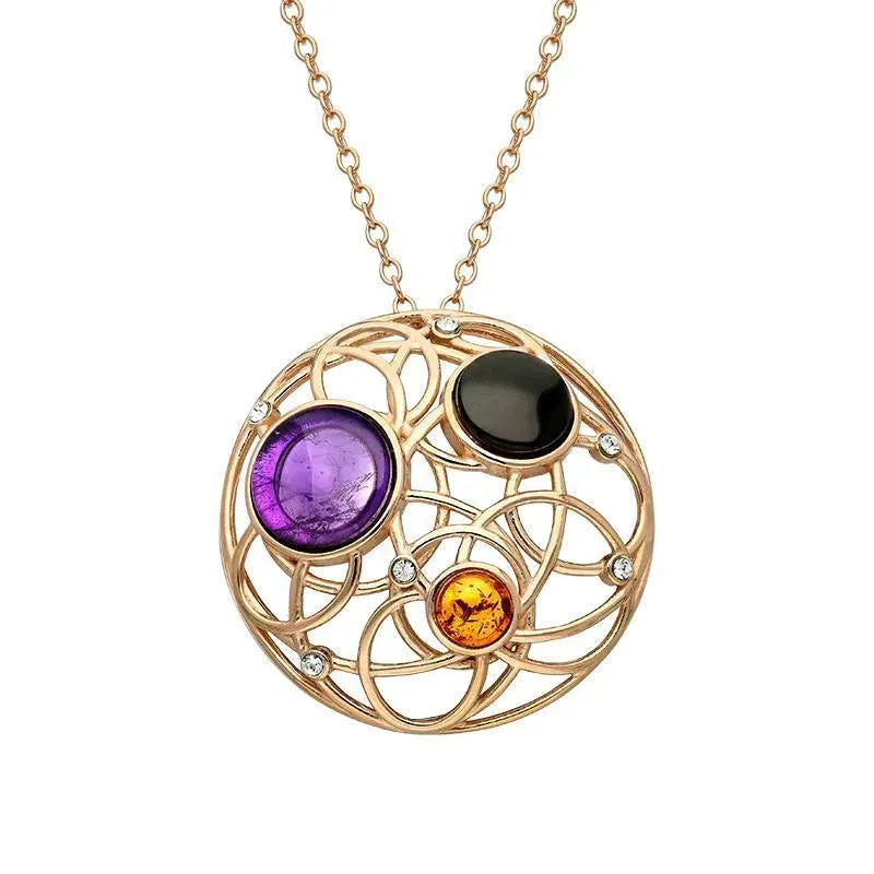 Rose Gold Plated Sterling Silver Whitby Jet Amethyst Amber Open Circle Necklace