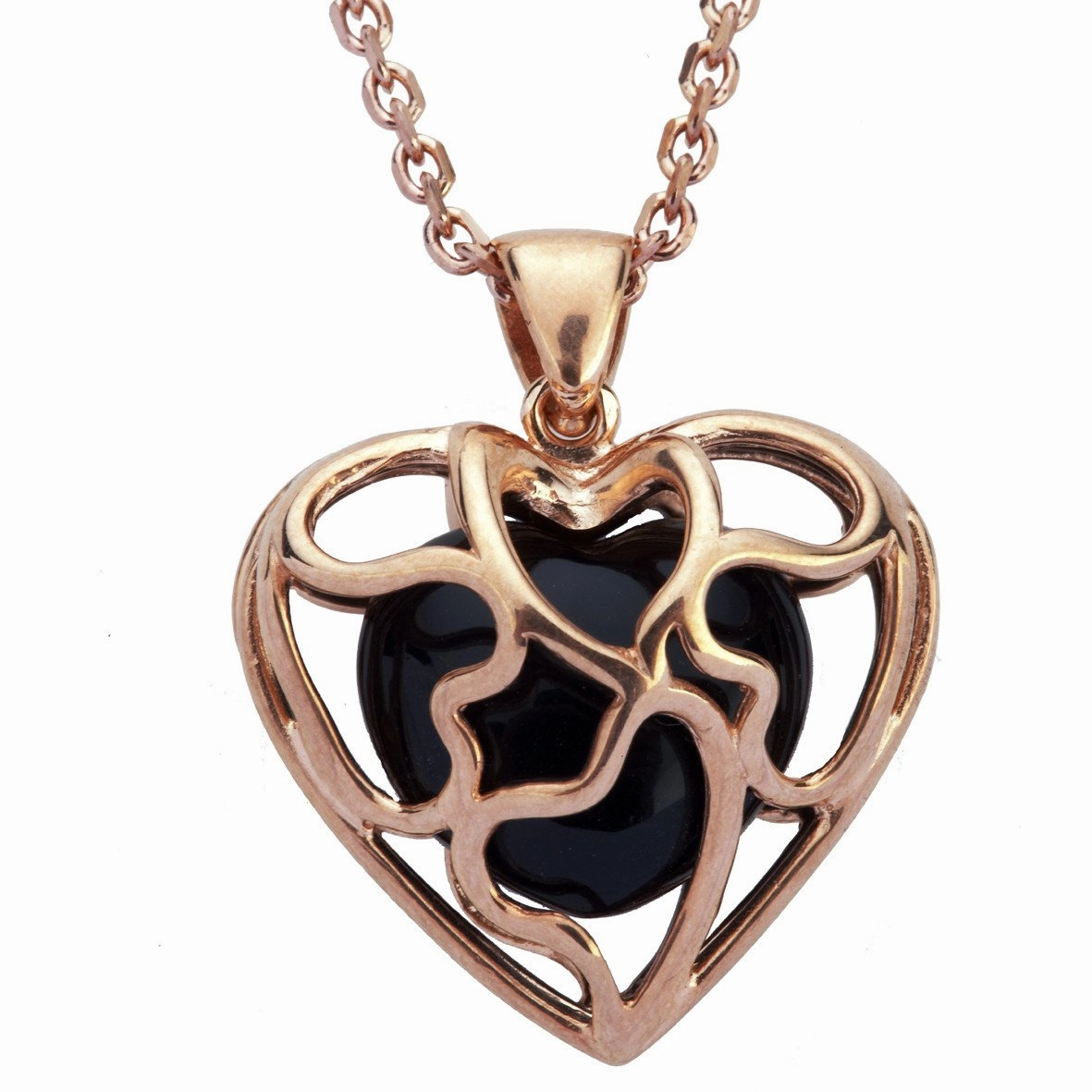Rose Gold Plated Whitby Jet Heart Cage Necklace