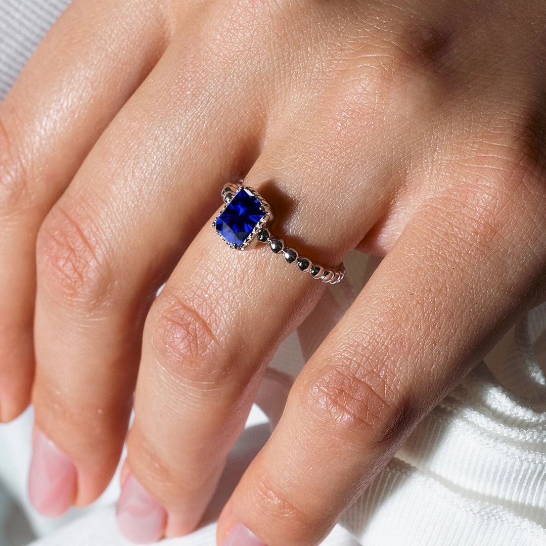 September Sterling 925 Silver Rhodium Plated Beaded Shank Square Center Birthstone Ring - BGR01081SEP