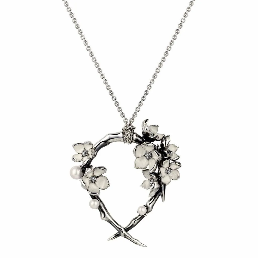 Shaun Leane Cherry Blossom Sterling Silver 0.39ct Diamond Pearl Hoop Necklace