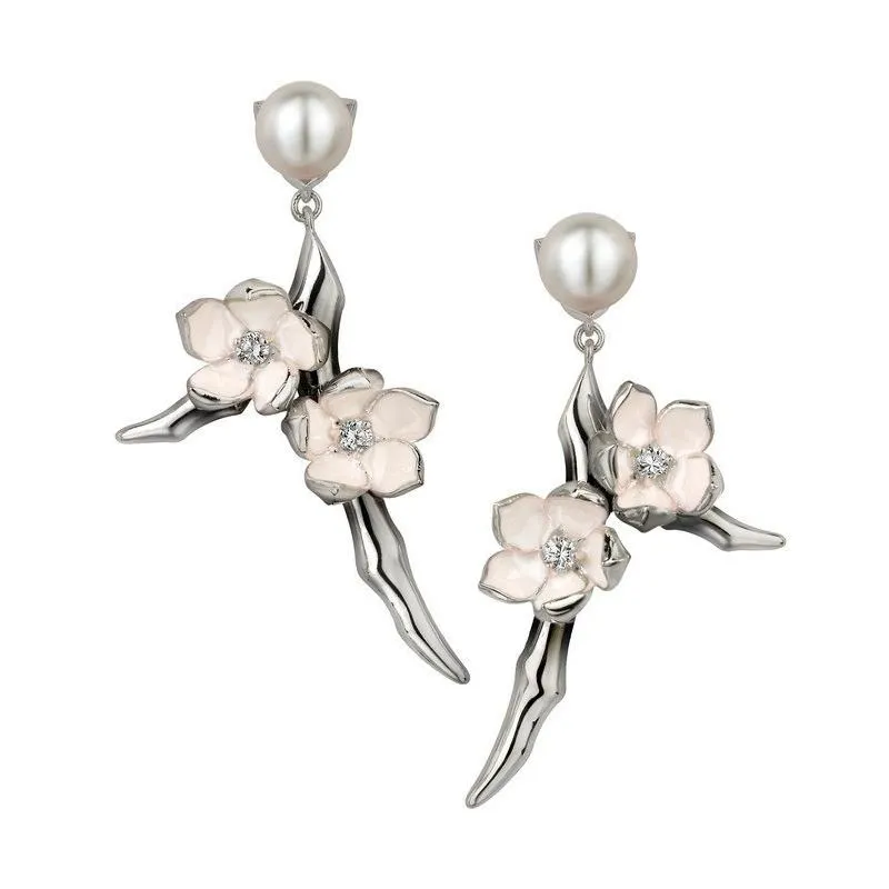Shaun Leane Cherry Blossom Sterling Silver Diamond Pearl Small Branch Drop Earrings